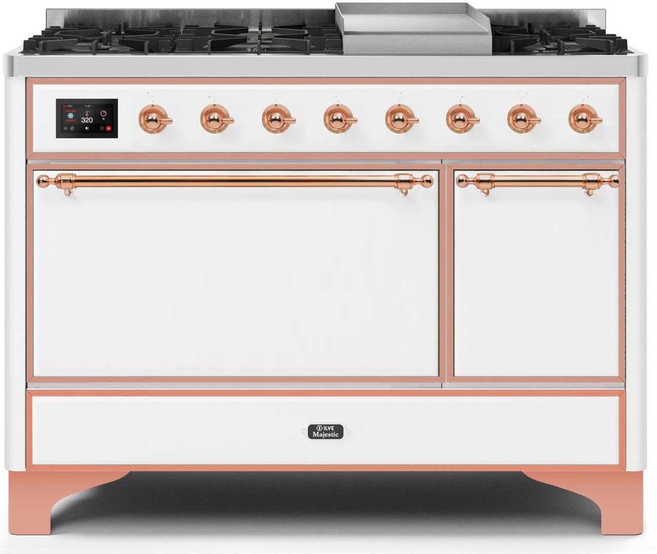 Ilve UM12FDQNS3WHP Majestic Ii 48 Inch Dual Fuel Natural Gas Freestanding Range In White With Copper Trim