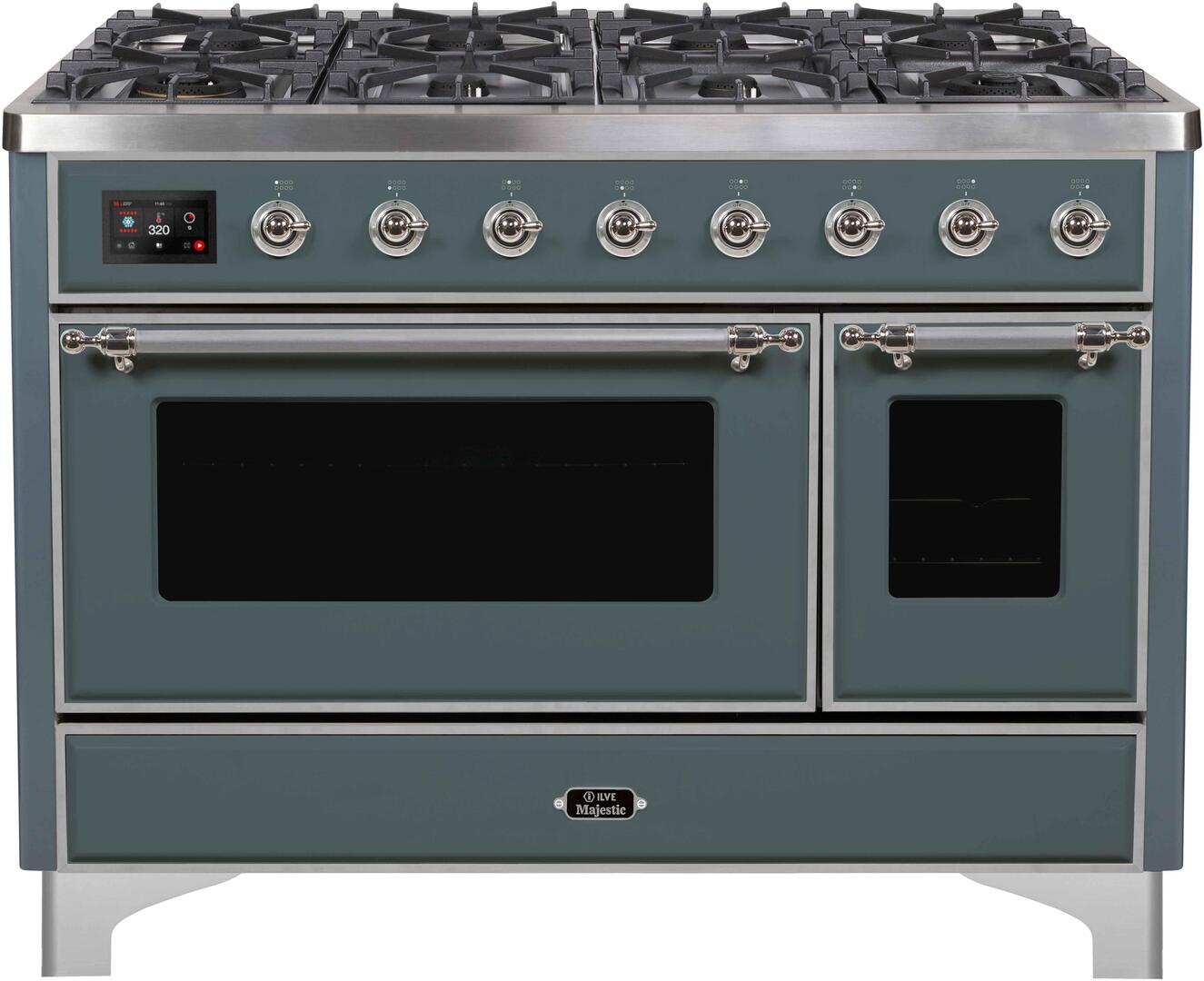 Ilve UM12FDNS3BGC Majestic Ii 48 Inch Dual Fuel Natural Gas Freestanding Range In Blue Grey With Chrome Trim