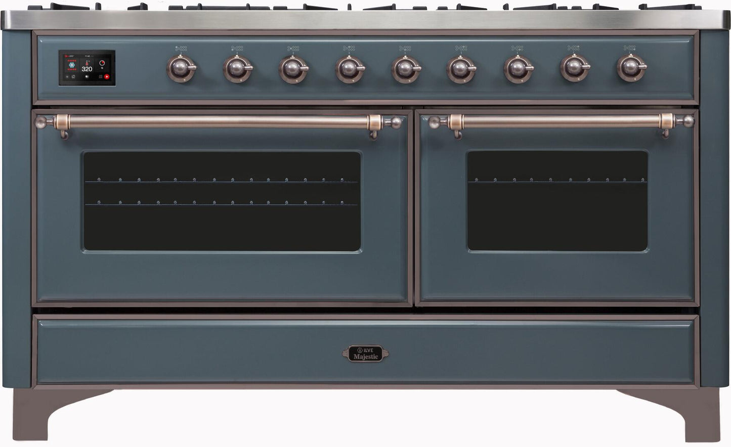 Ilve UM15FDNS3BGBLP Majestic Ii 60 Inch Dual Fuel Liquid Propane Freestanding Range In Blue Grey With Bronze Trim