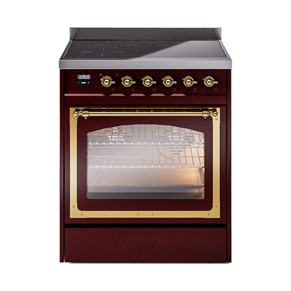 Ilve UNI304NMPBUG Ilve Uni304Nmpbug Nostalgie Ii Noblesse 30" Induction Range (Triple Glass Door, Burgundy, Brass)