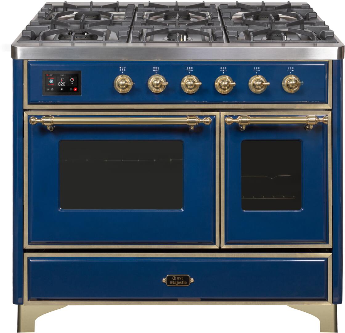 Ilve UMD10FDNS3MBGLP Majestic Ii 40 Inch Dual Fuel Liquid Propane Freestanding Range In Blue With Brass Trim