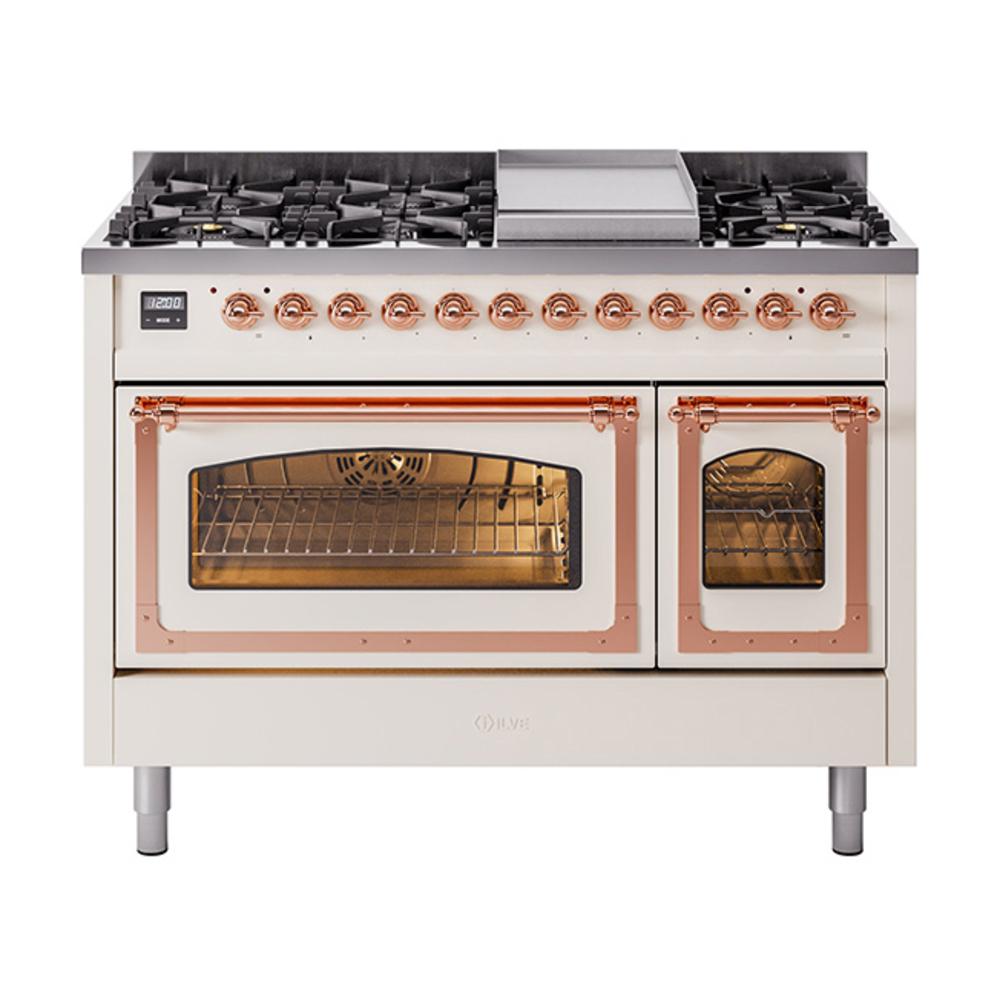 Ilve UN48FNMPAWPLP Ilve Un48Fnmpawplp Nostalgie Ii Noblesse 48" Dual Fuel Range (8 Sealed Burners + Griddle, Liquid Propane, Triple Glass Door, Antique White, Copper)