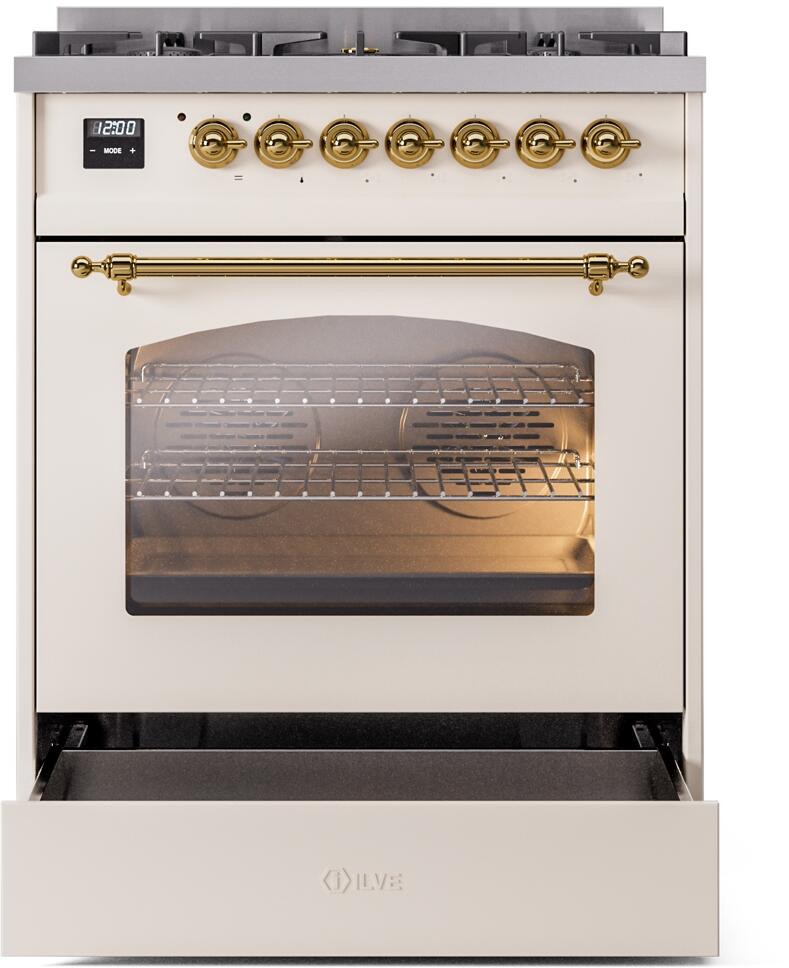 Ilve UP30NMPAWG Nostalgie Ii 30 Inch Dual Fuel Natural Gas Freestanding Range In Antique White With Brass Trim