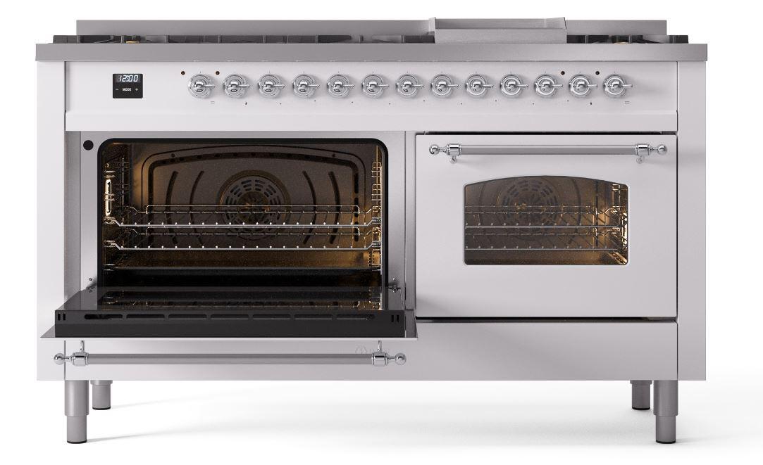 Ilve UP60FNMPWHCLP Nostalgie Ii 60 Inch Dual Fuel Liquid Propane Freestanding Range In White With Chrome Trim