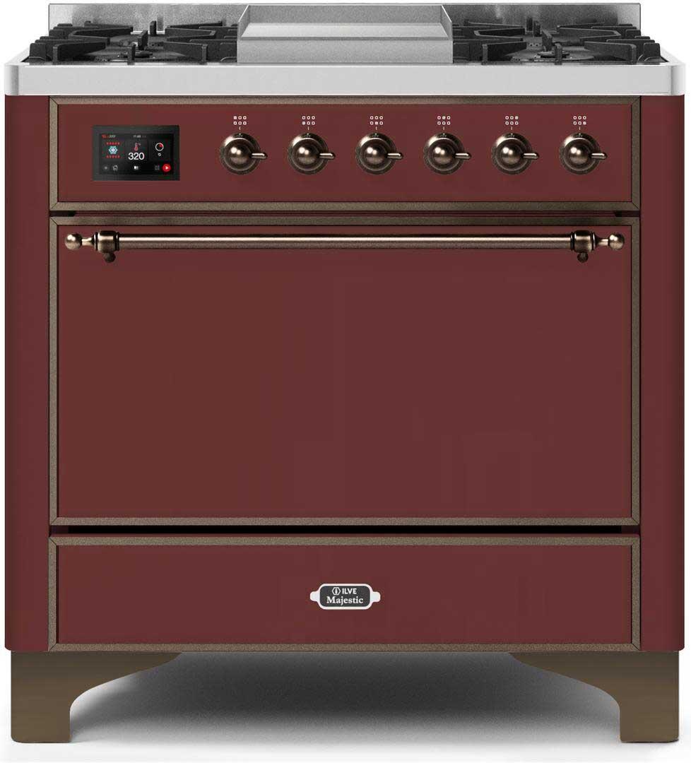 Ilve UM09FDQNS3BUB Majestic Ii 36 Inch Dual Fuel Natural Gas Freestanding Range In Burgundy With Bronze Trim