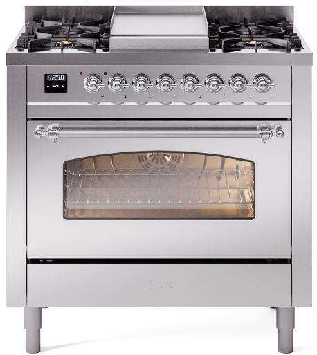 Ilve UP36FNMPSSCLP Nostalgie Ii 36 Inch Dual Fuel Liquid Propane Freestanding Range In Stainless Steel With Chrome Trim