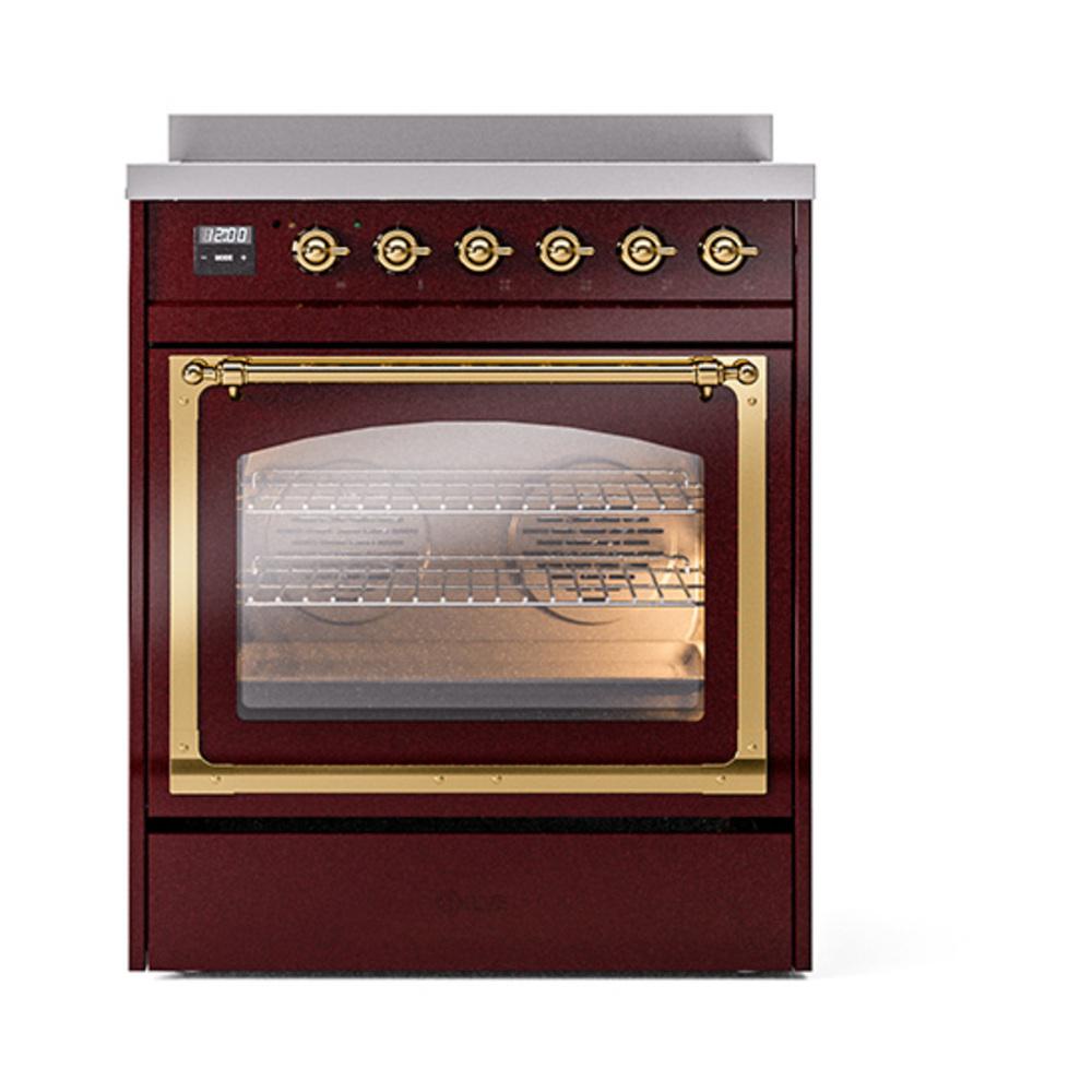 Ilve UNI304NMPBUG Ilve Uni304Nmpbug Nostalgie Ii Noblesse 30" Induction Range (Triple Glass Door, Burgundy, Brass)