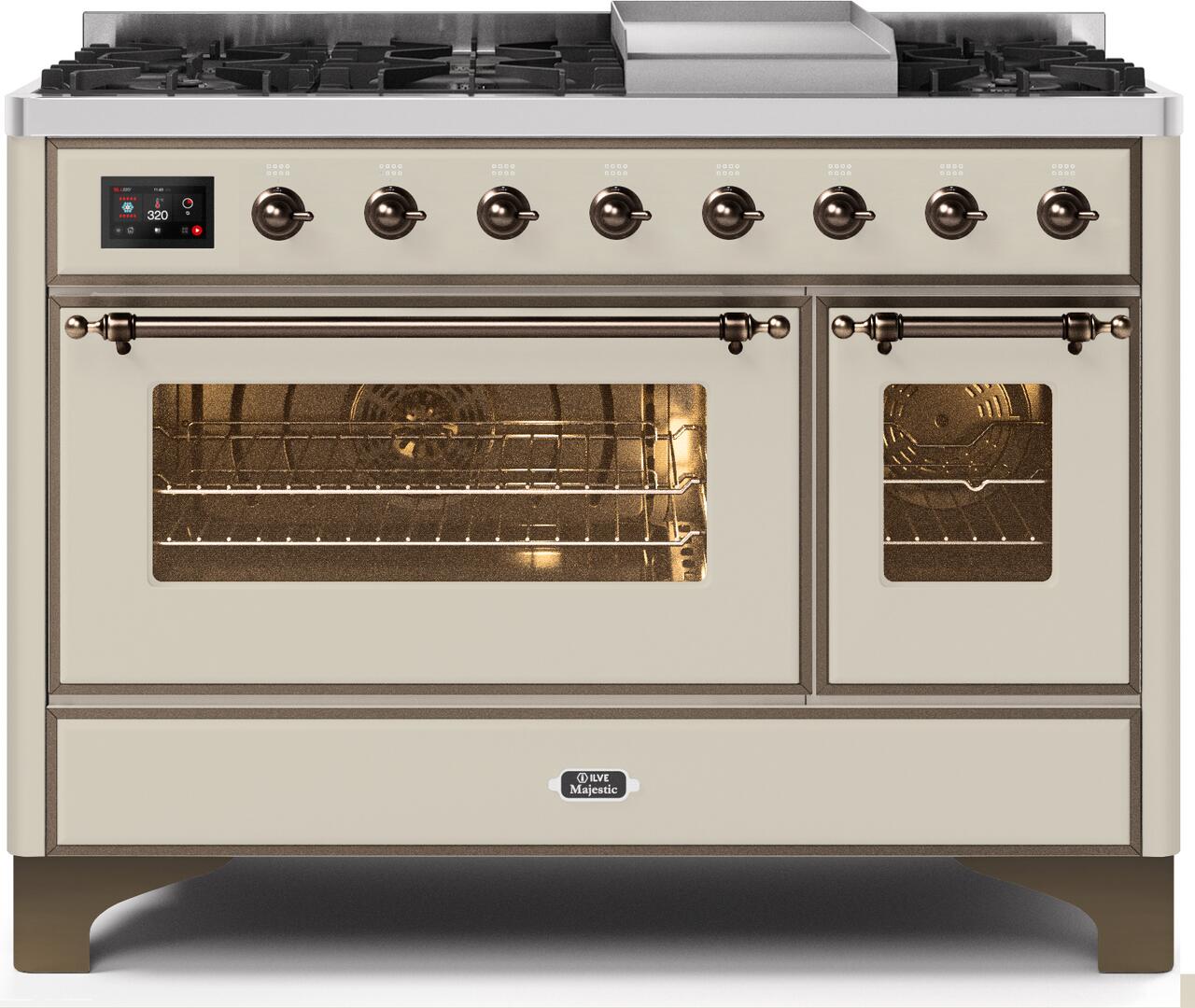 Ilve UM12FDNS3AWB Majestic Ii 48 Inch Dual Fuel Natural Gas Freestanding Range In Antique White With Bronze Trim