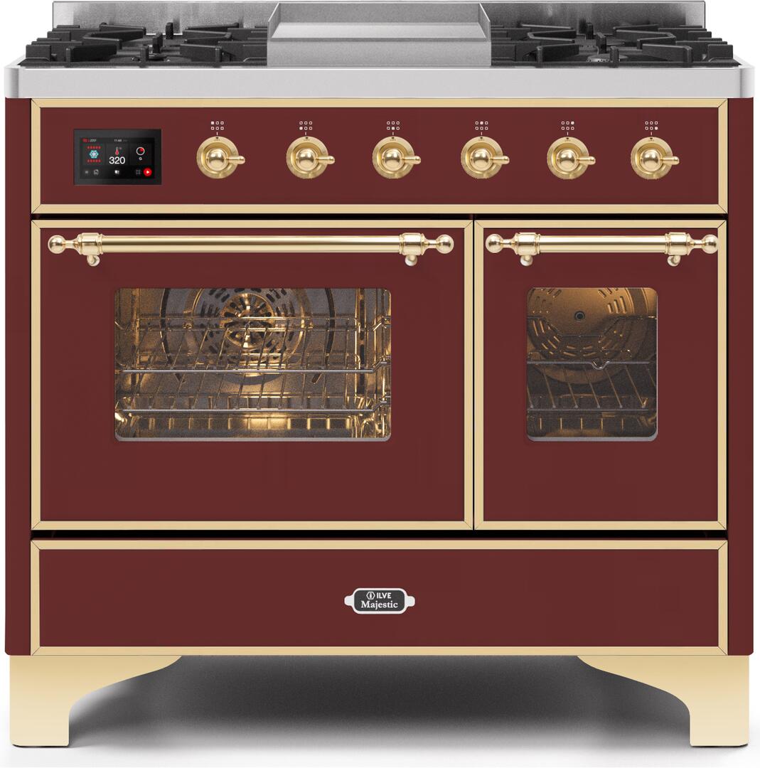 Ilve UMD10FDNS3BUG Majestic Ii 40 Inch Dual Fuel Natural Gas Freestanding Range In Burgundy With Brass Trim