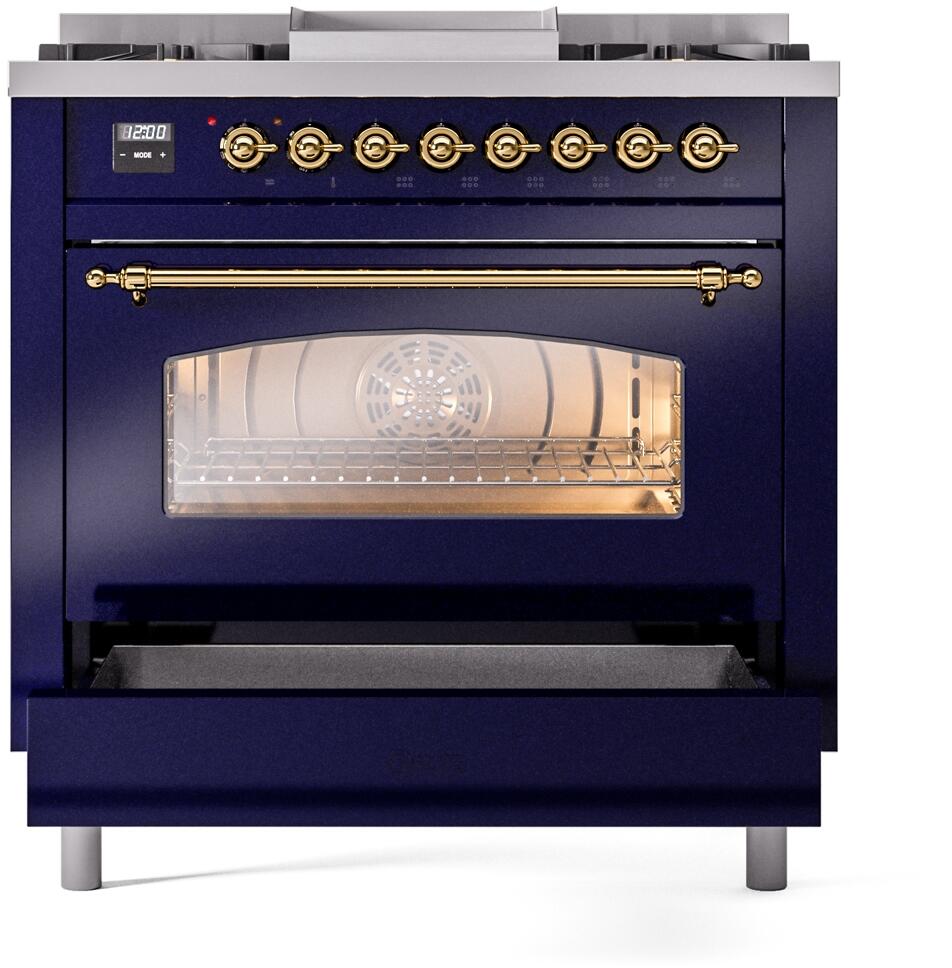 Ilve UP36FNMPMBG Nostalgie Ii 36 Inch Dual Fuel Natural Gas Freestanding Range In Blue With Brass Trim