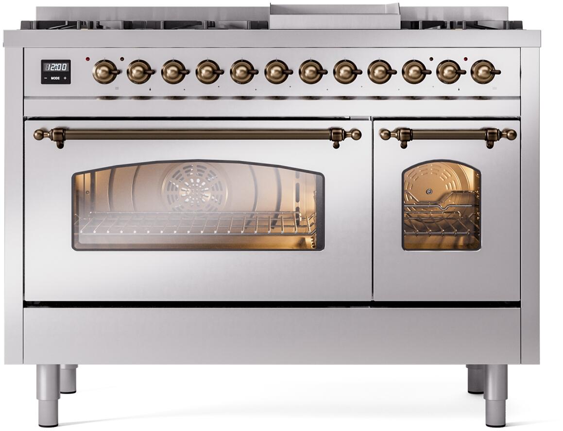 Ilve UP48FNMPSSB Nostalgie Ii 48 Inch Dual Fuel Natural Gas Freestanding Range In Stainless Steel With Bronze Trim