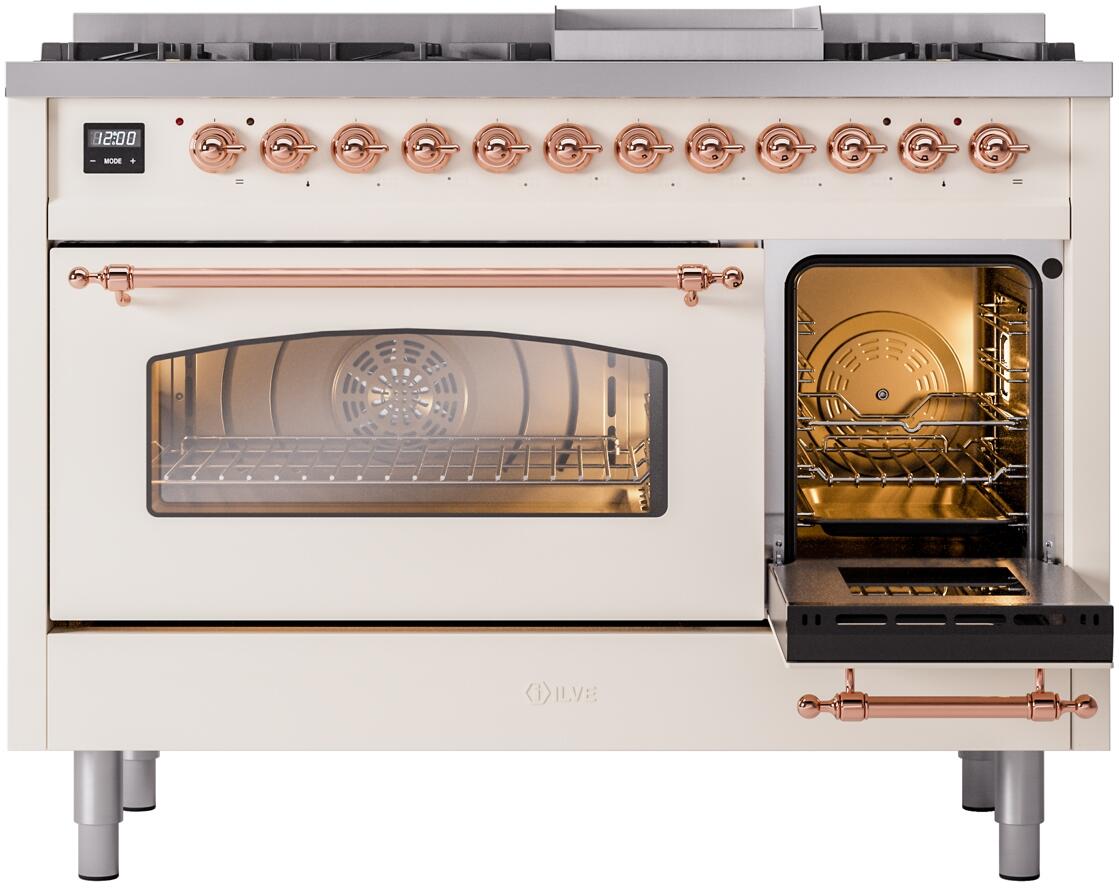 Ilve UP48FNMPAWPLP Nostalgie Ii 48 Inch Dual Fuel Liquid Propane Freestanding Range In Antique White With Copper Trim