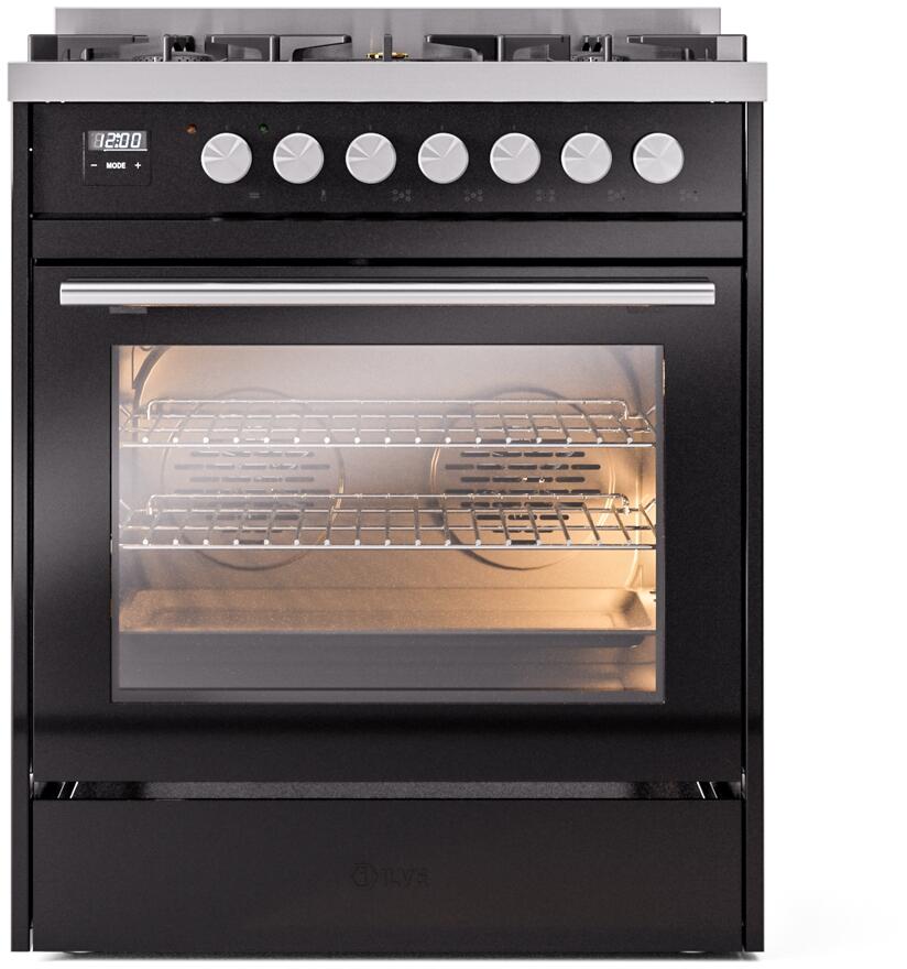 Ilve UP30WMPBK Professional Plus Ii 30 Inch Dual Fuel Natural Gas Freestanding Range In Glossy Black With Trim