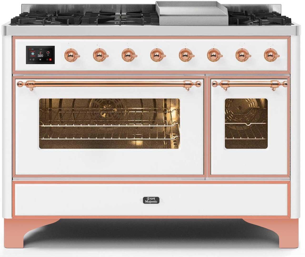 Ilve UM12FDNS3WHP Majestic Ii 48 Inch Dual Fuel Natural Gas Freestanding Range In White With Copper Trim