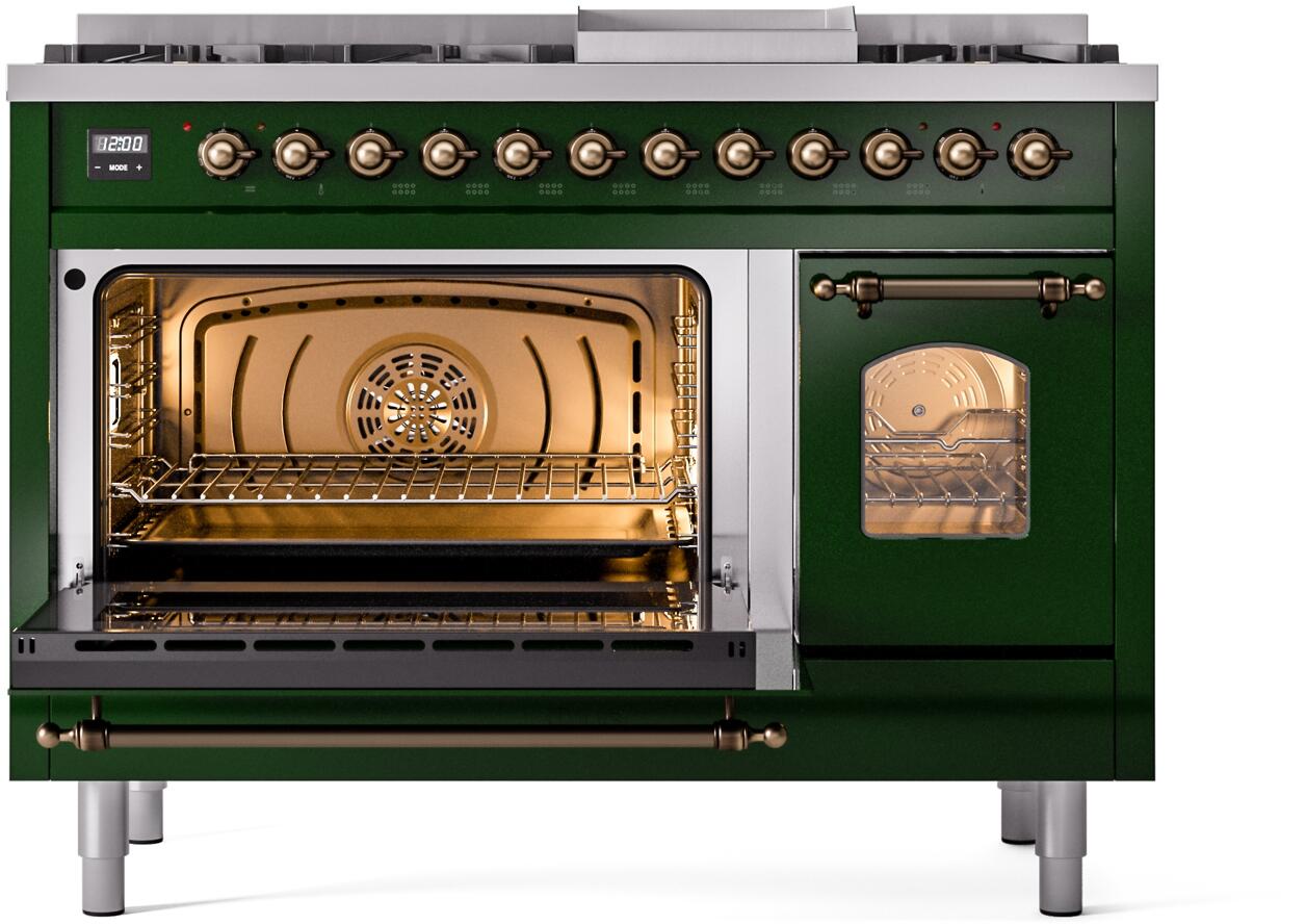 Ilve UP48FNMPEGB Nostalgie Ii 48 Inch Dual Fuel Natural Gas Freestanding Range In Emerald Green With Bronze Trim