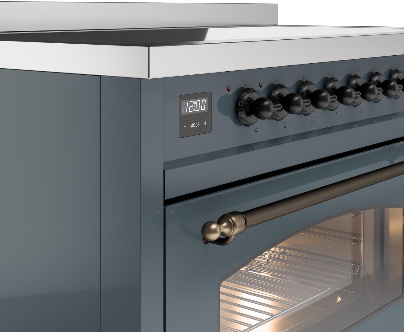 Ilve UPI486NMPBGB Nostalgie Ii 48 Inch Electric Freestanding Range In Blue Grey With Bronze Trim