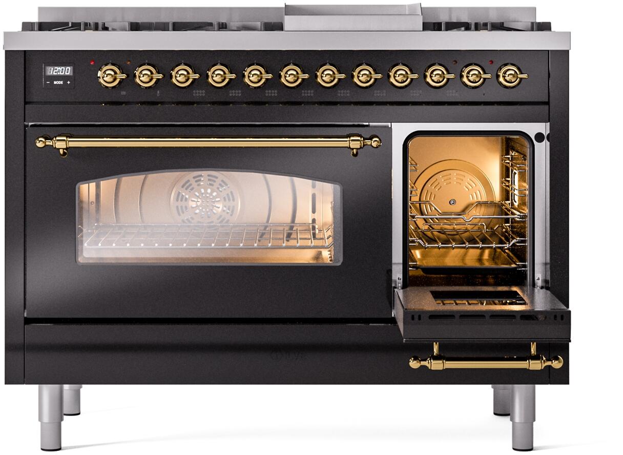 Ilve UP48FNMPBKG Nostalgie Ii 48 Inch Dual Fuel Natural Gas Freestanding Range In Glossy Black With Brass Trim