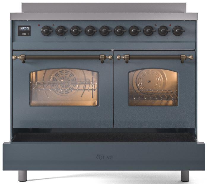 Ilve UPDI406NMPBGB Nostalgie Ii 40 Inch Electric Freestanding Range In Blue Grey With Bronze Trim