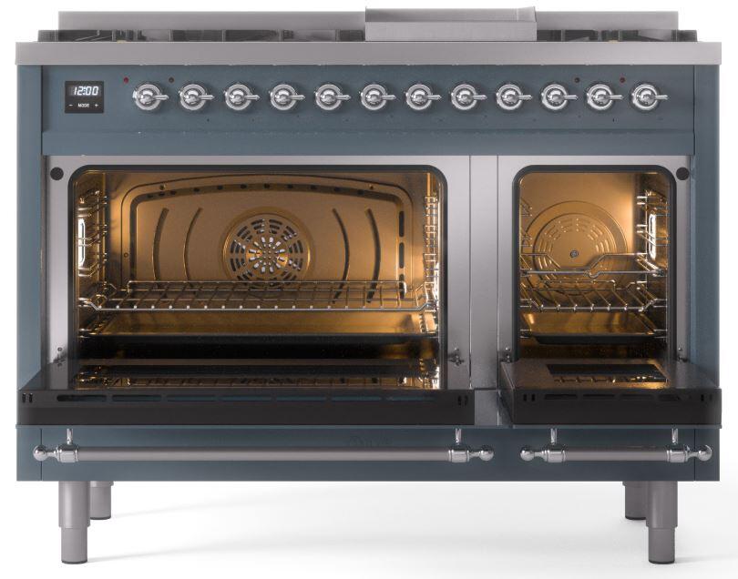 Ilve UP48FNMPBGCLP Nostalgie Ii 48 Inch Dual Fuel Liquid Propane Freestanding Range In Blue Grey With Chrome Trim