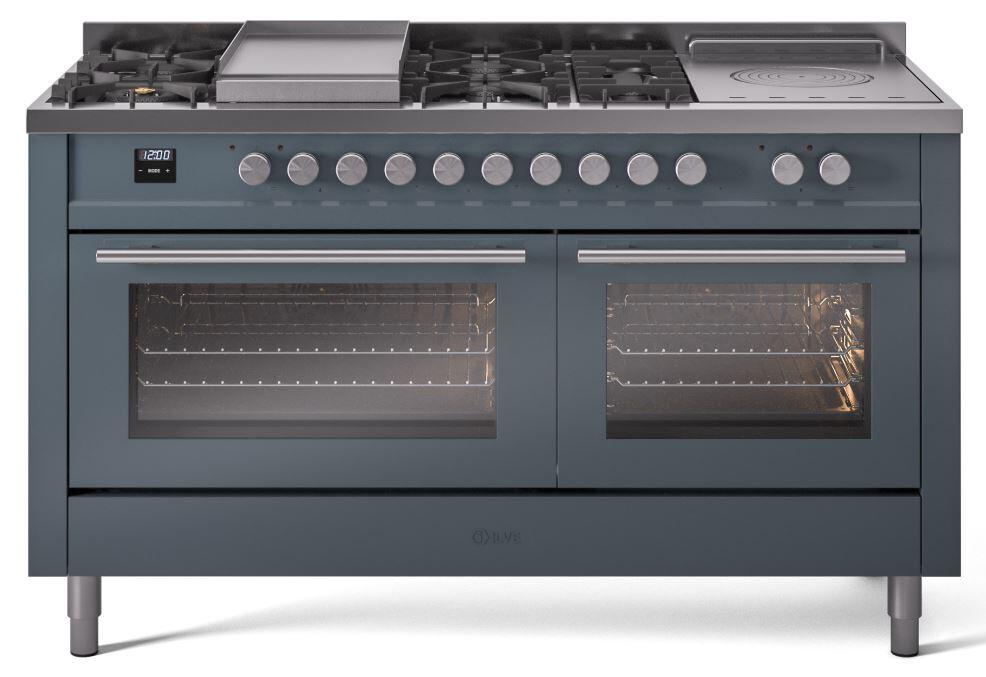 Ilve UP60FSWMPBGLP Professional Plus Ii 60 Inch Dual Fuel Liquid Propane Freestanding Range In Blue Grey With Trim