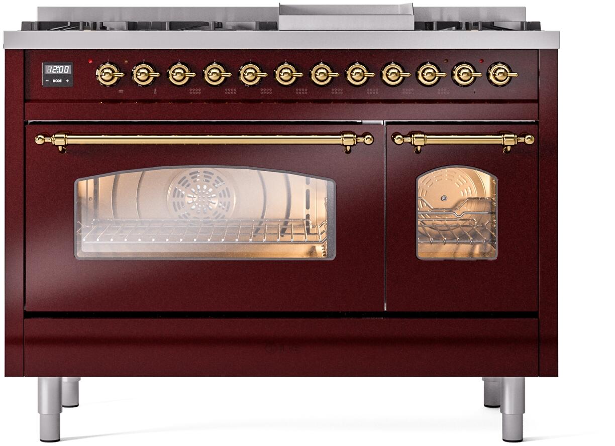 Ilve UP48FNMPBUG Nostalgie Ii 48 Inch Dual Fuel Natural Gas Freestanding Range In Burgundy With Brass Trim