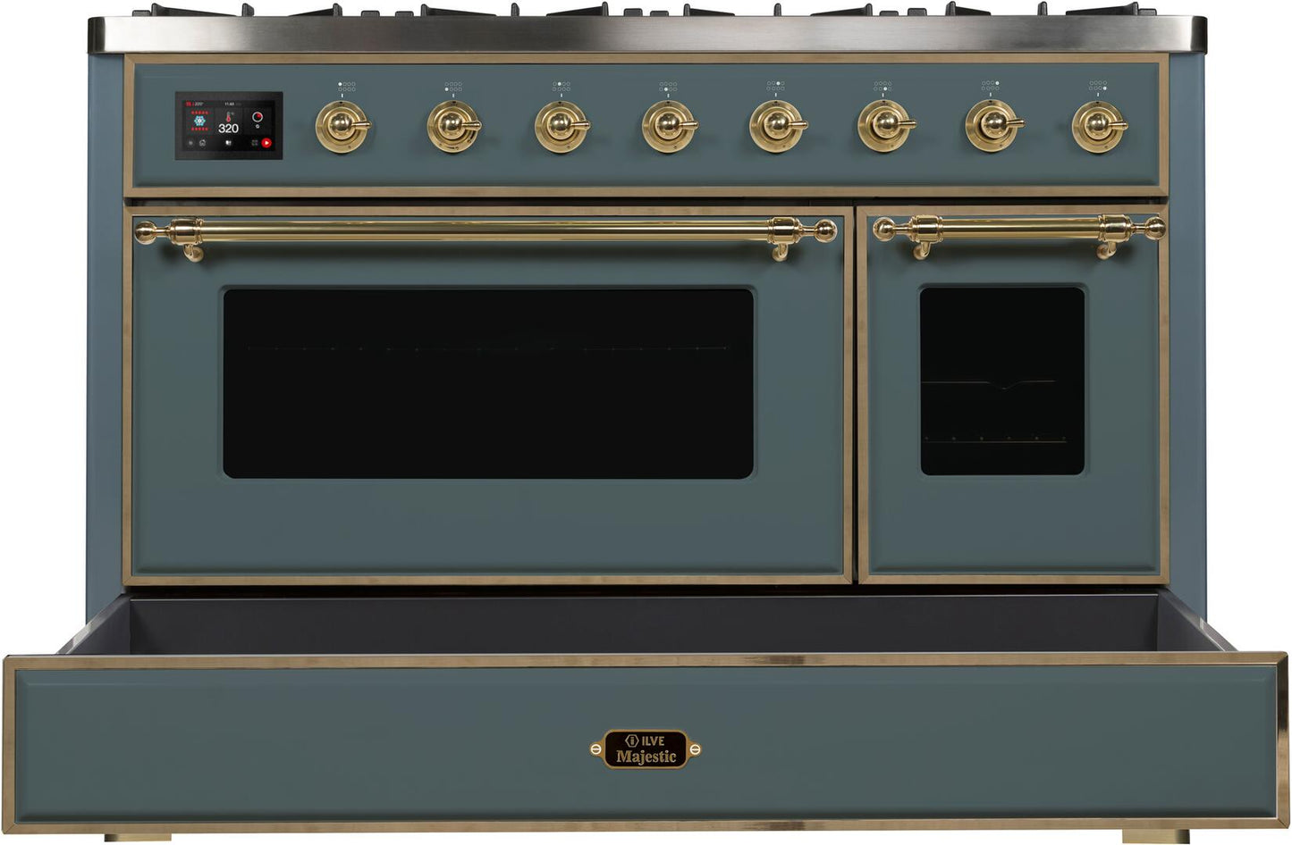 Ilve UM12FDNS3BGGLP Majestic Ii 48 Inch Dual Fuel Liquid Propane Freestanding Range In Blue Grey With Brass Trim