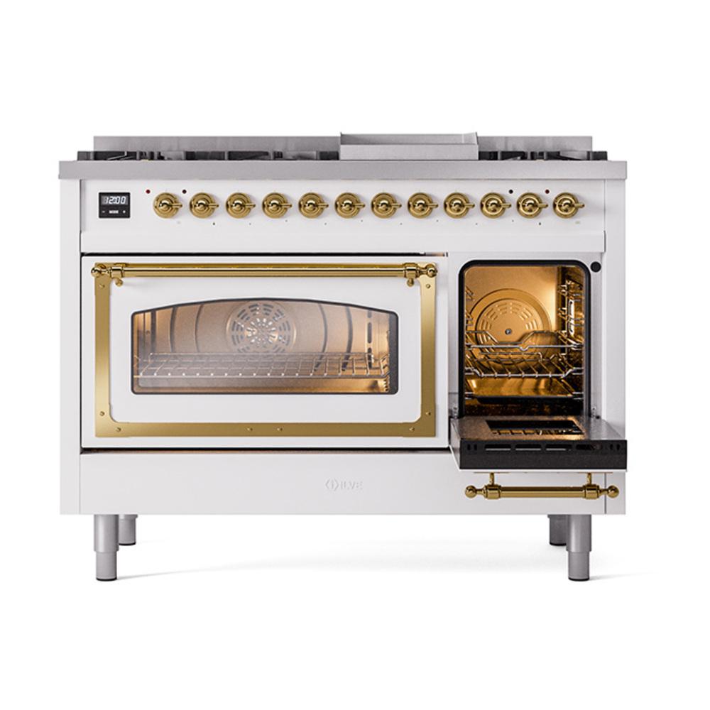 Ilve UN48FNMPWHG Ilve Un48Fnmpwhg Nostalgie Ii Noblesse 48" Dual Fuel Range (8 Sealed Burners + Griddle, Natural Gas, Triple Glass Door, White, Brass)