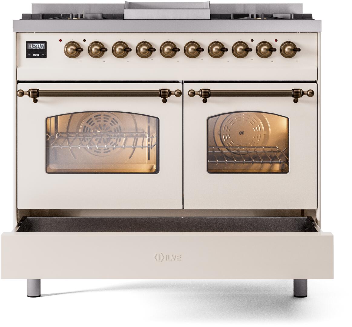 Ilve UPD40FNMPAWB Nostalgie Ii 40 Inch Dual Fuel Natural Gas Freestanding Range In Antique White With Bronze Trim