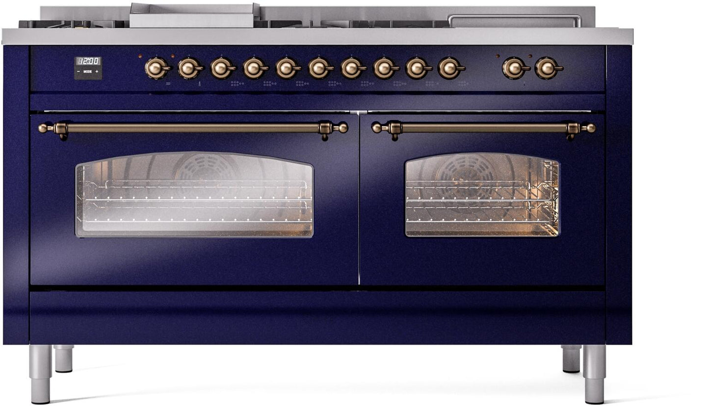 Ilve UP60FSNMPMBB Nostalgie Ii 60 Inch Dual Fuel Natural Gas Freestanding Range In Blue With Bronze Trim