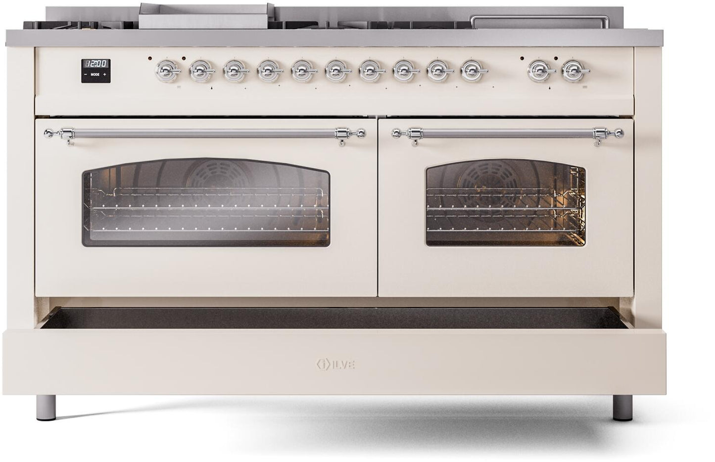 Ilve UP60FSNMPAWC Nostalgie Ii 60 Inch Dual Fuel Natural Gas Freestanding Range In Antique White With Chrome Trim