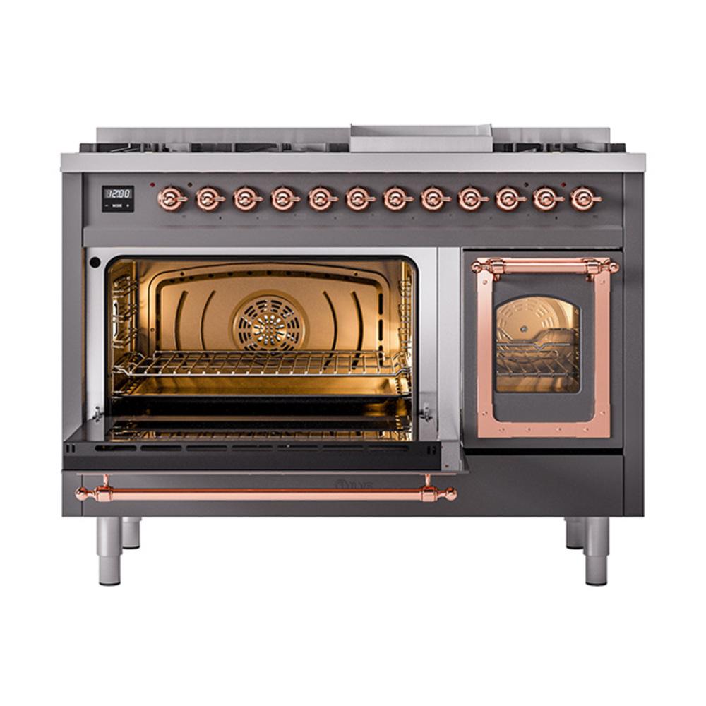 Ilve UN48FNMPMGPLP Ilve Un48Fnmpmgplp Nostalgie Ii Noblesse 48" Dual Fuel Range (8 Sealed Burners + Griddle, Liquid Propane, Triple Glass Door, Graphite Matte, Copper)