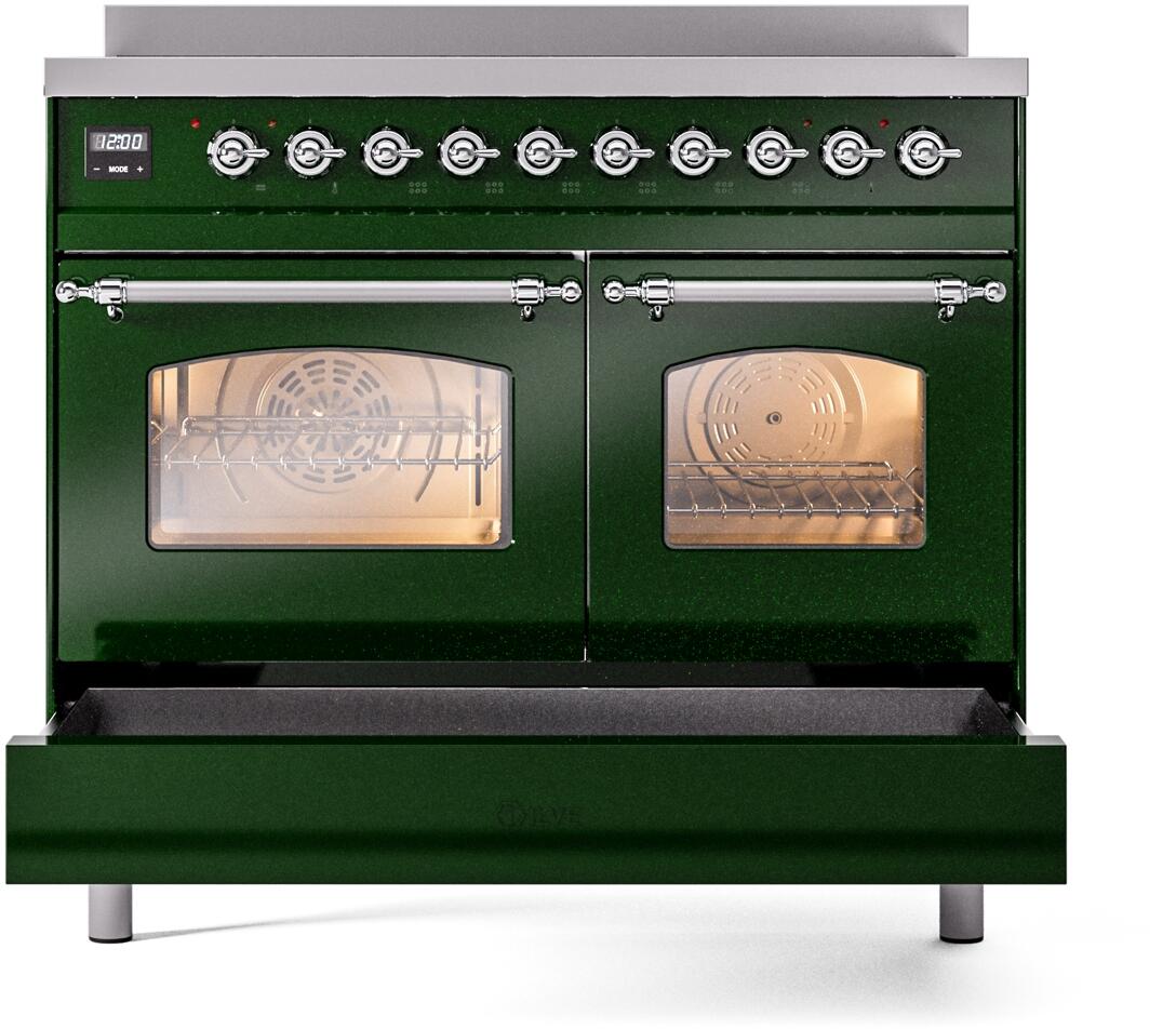 Ilve UPDI406NMPEGC Nostalgie Ii 40 Inch Electric Freestanding Range In Emerald Green With Chrome Trim