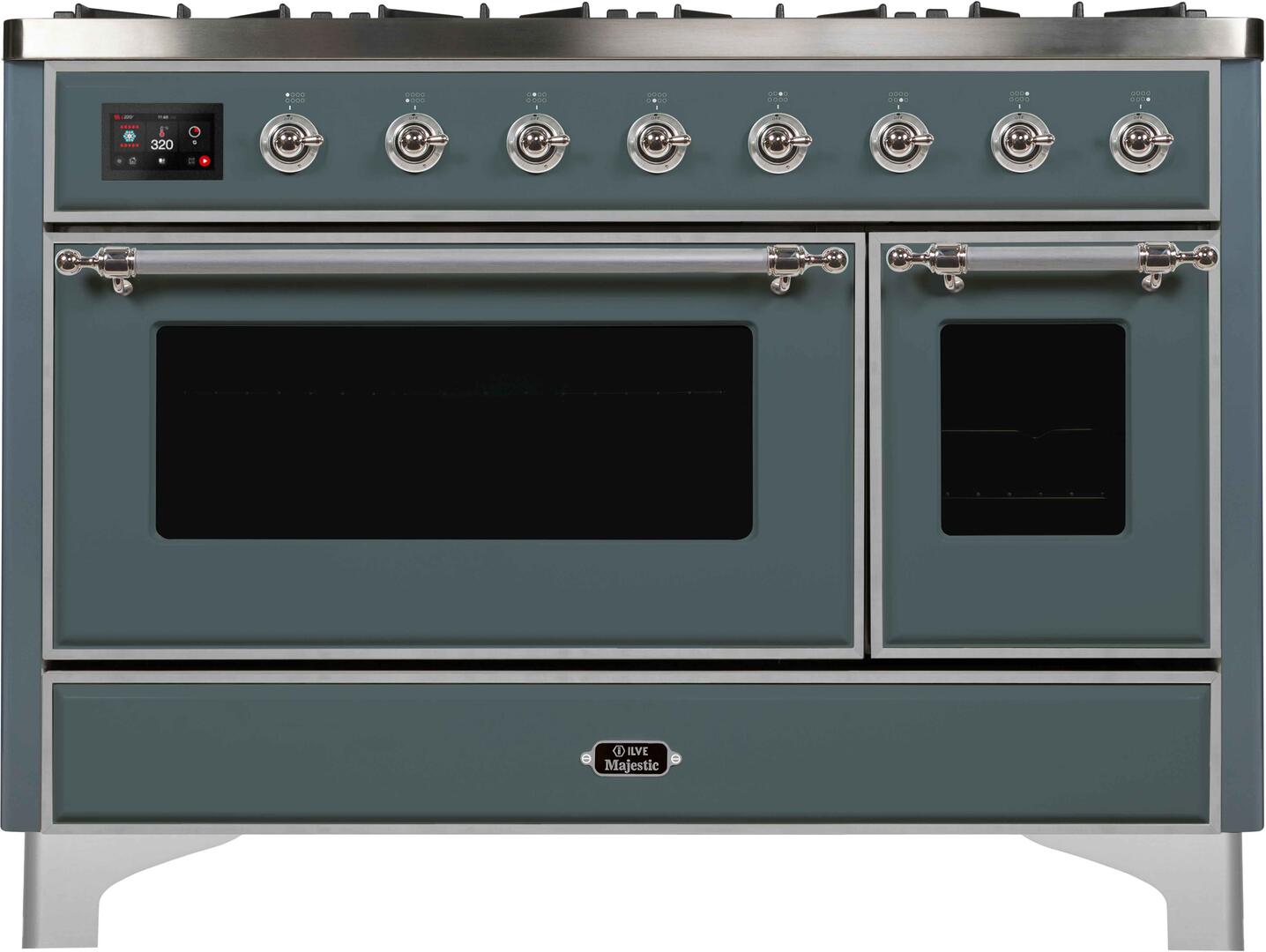 Ilve UM12FDNS3BGCLP Majestic Ii 48 Inch Dual Fuel Liquid Propane Freestanding Range In Blue Grey With Chrome Trim