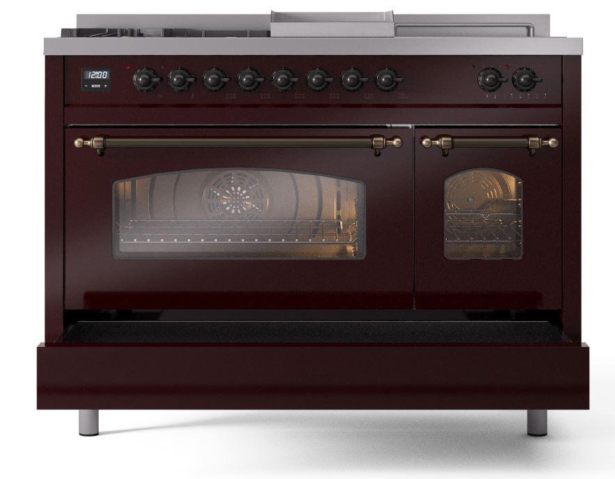 Ilve UP48FSNMPBUBLP Nostalgie Ii 48 Inch Dual Fuel Liquid Propane Freestanding Range In Burgundy With Bronze Trim