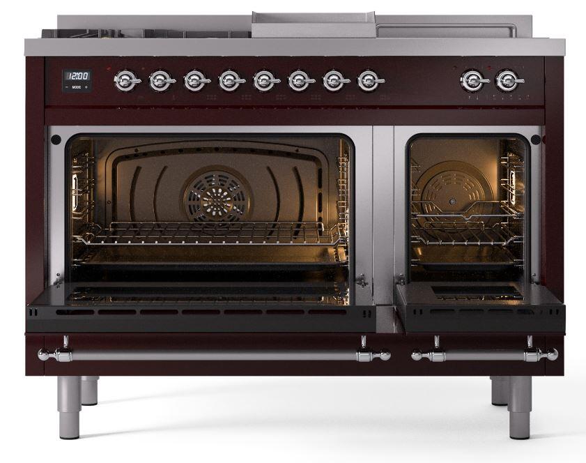 Ilve UP48FSNMPBUCLP Nostalgie Ii 48 Inch Dual Fuel Liquid Propane Freestanding Range In Burgundy With Chrome Trim