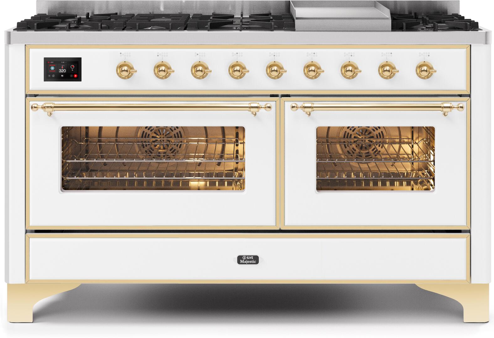 Ilve UM15FDNS3WHG Majestic Ii 60 Inch Dual Fuel Natural Gas Freestanding Range In White With Brass Trim