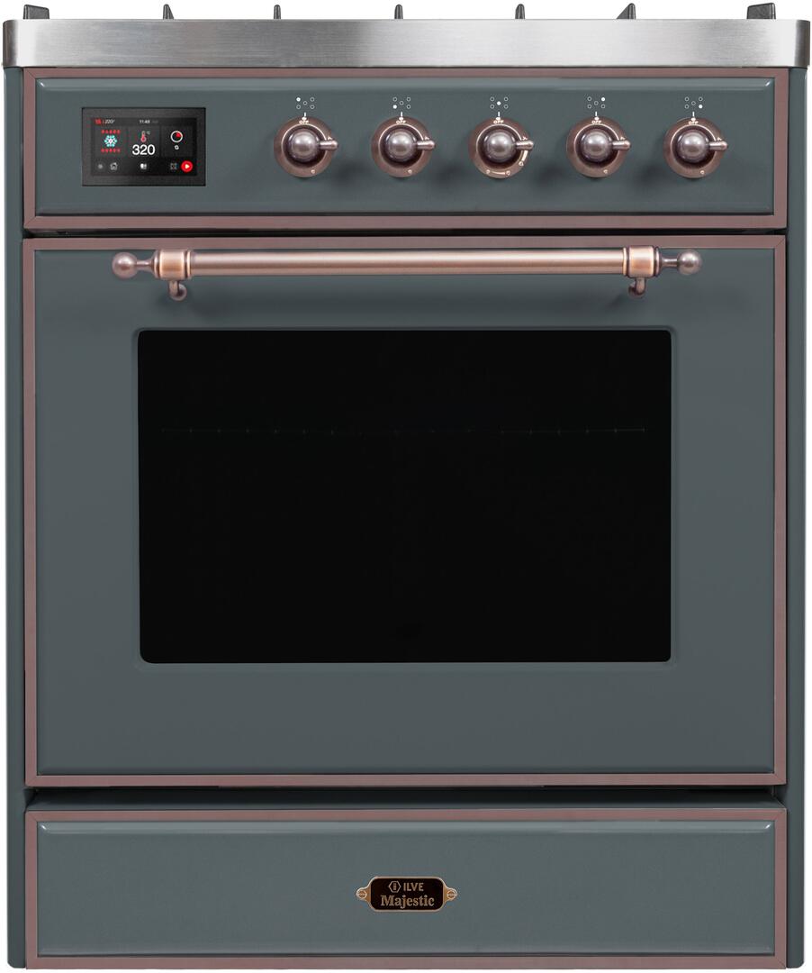 Ilve UM30DNE3BGBLP Majestic Ii 30 Inch Dual Fuel Liquid Propane Freestanding Range In Blue Grey With Bronze Trim