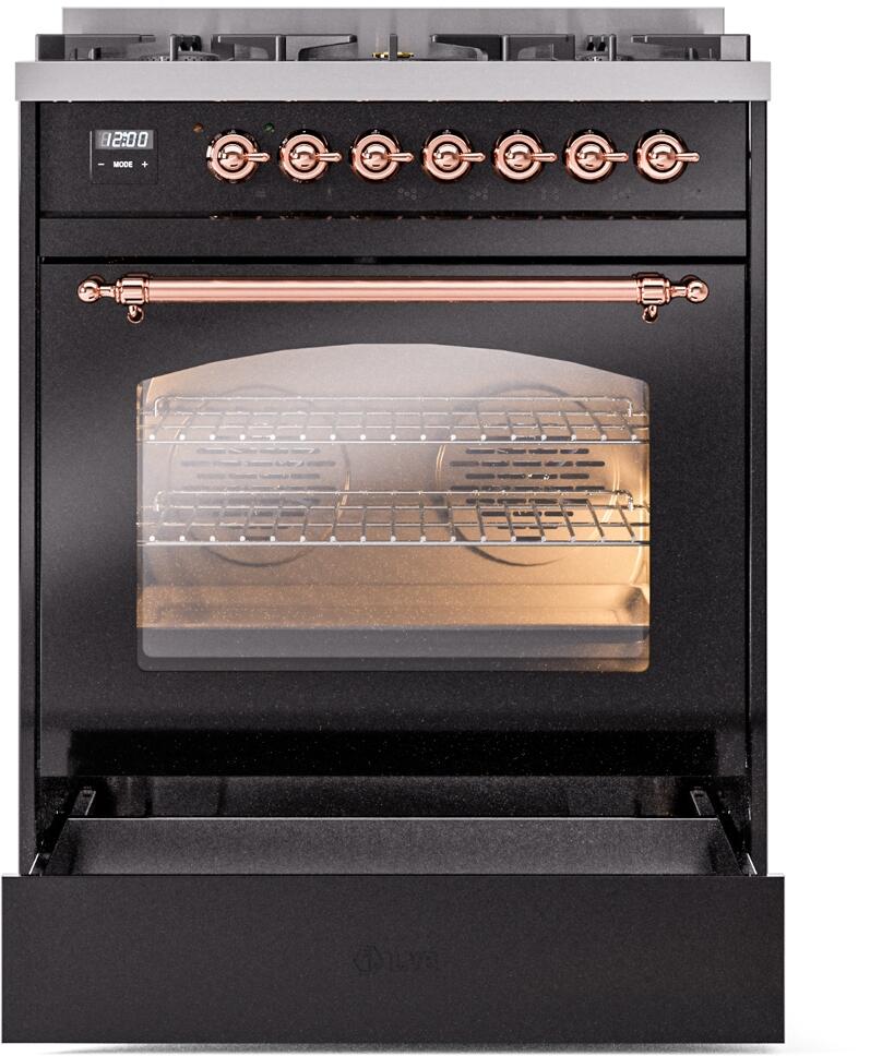 Ilve UP30NMPBKPLP Nostalgie Ii 30 Inch Dual Fuel Liquid Propane Freestanding Range In Glossy Black With Copper Trim