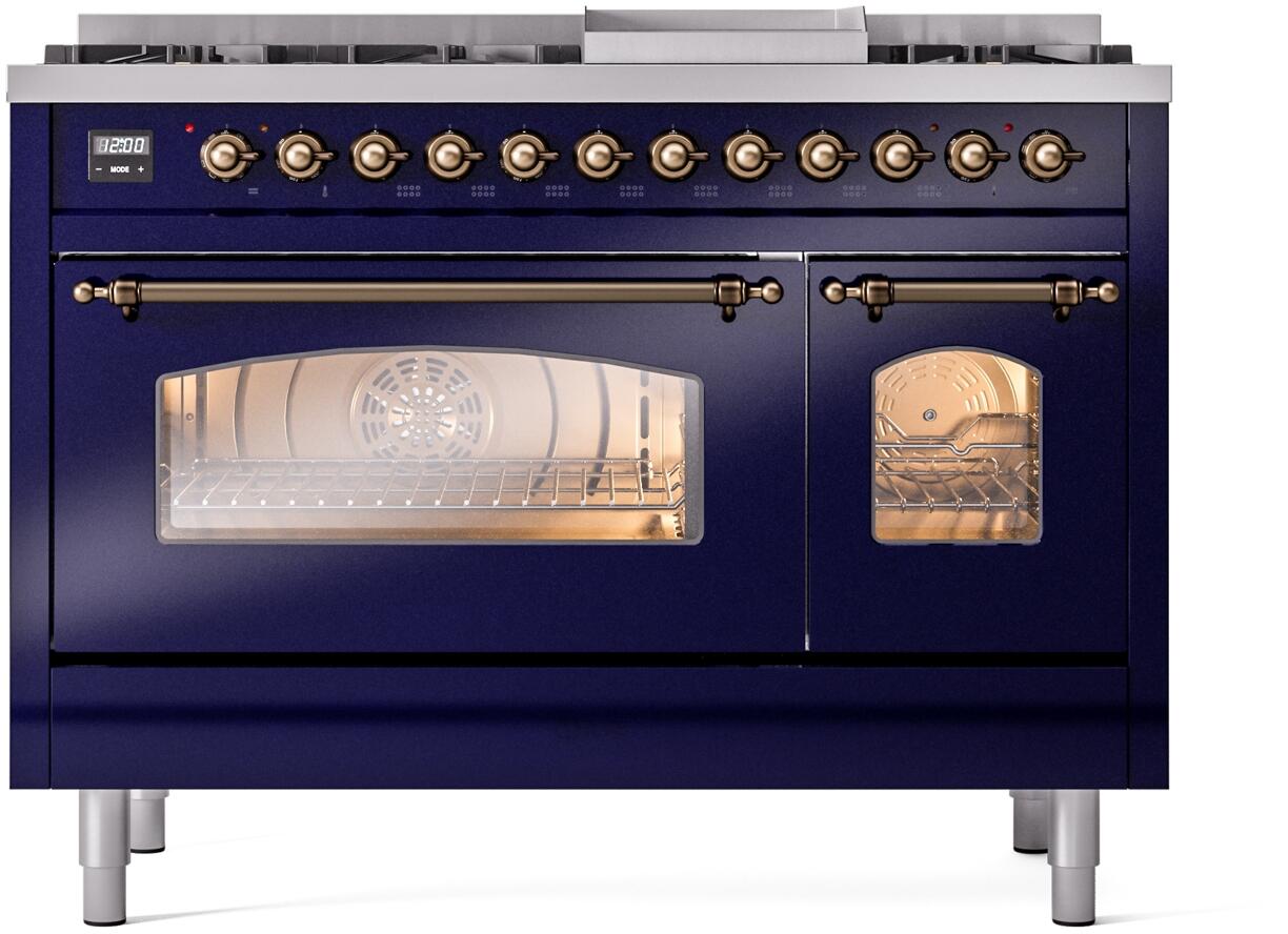 Ilve UP48FNMPMBBLP Nostalgie Ii 48 Inch Dual Fuel Liquid Propane Freestanding Range In Blue With Bronze Trim