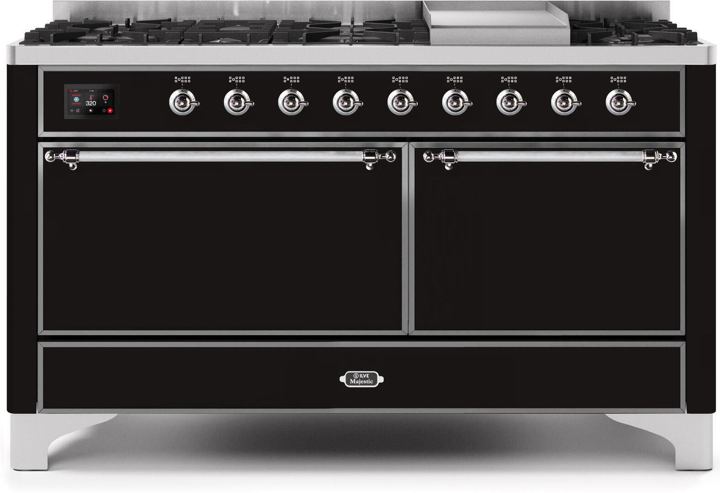 Ilve UM15FDQNS3BKC Majestic Ii 60 Inch Dual Fuel Natural Gas Freestanding Range In Glossy Black With Chrome Trim