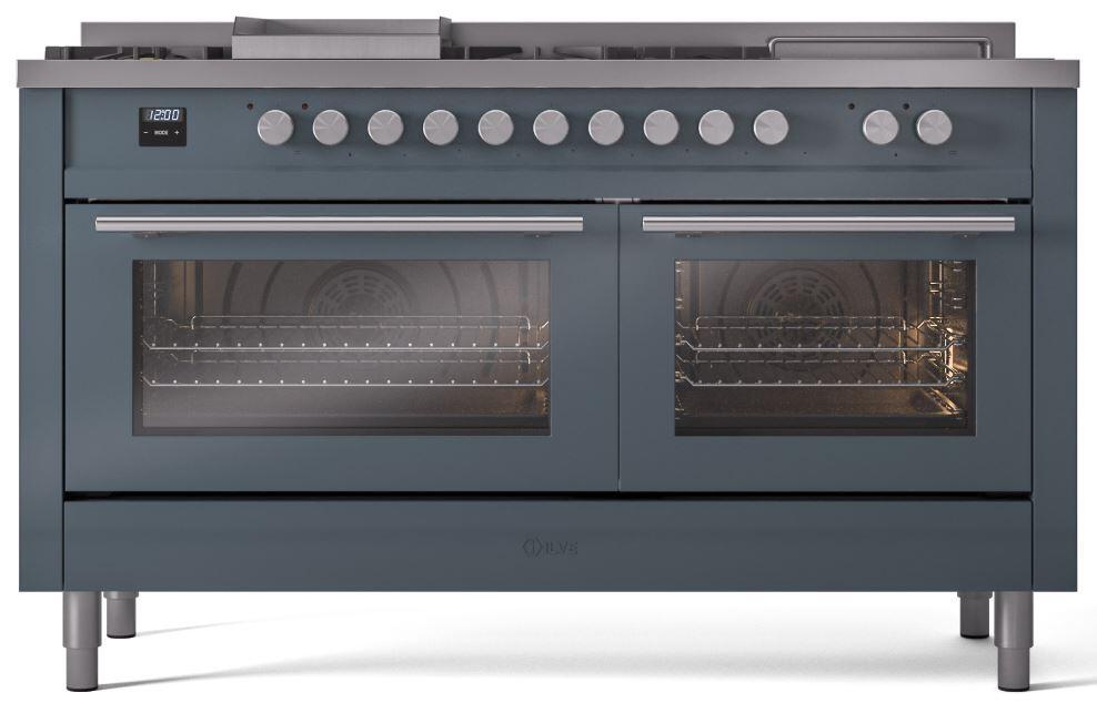 Ilve UP60FSWMPBGLP Professional Plus Ii 60 Inch Dual Fuel Liquid Propane Freestanding Range In Blue Grey With Trim