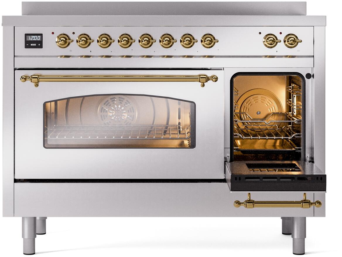 Ilve UPI486NMPSSG Nostalgie Ii 48 Inch Electric Freestanding Range In Stainless Steel With Brass Trim