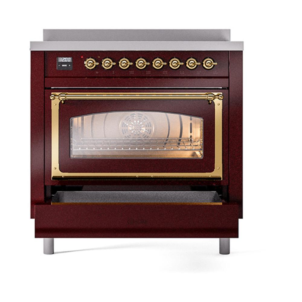 Ilve UNI366NMPBUG Ilve Uni366Nmpbug Nostalgie Ii Noblesse 36" Induction Range (Triple Glass Door, Burgundy, Brass)