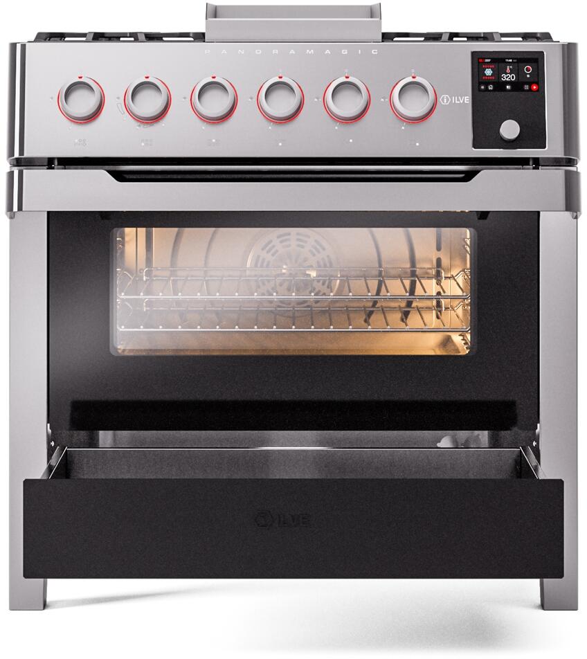 Ilve UPM09FDS3SS Panoramagic 36 Inch Dual Fuel Natural Gas Freestanding Range In Stainless Steel With Trim