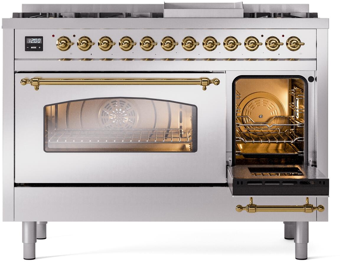 Ilve UP48FNMPSSGLP Nostalgie Ii 48 Inch Dual Fuel Liquid Propane Freestanding Range In Stainless Steel With Brass Trim