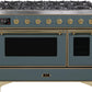 Ilve UM12FDNS3BGGLP Majestic Ii 48 Inch Dual Fuel Liquid Propane Freestanding Range In Blue Grey With Brass Trim