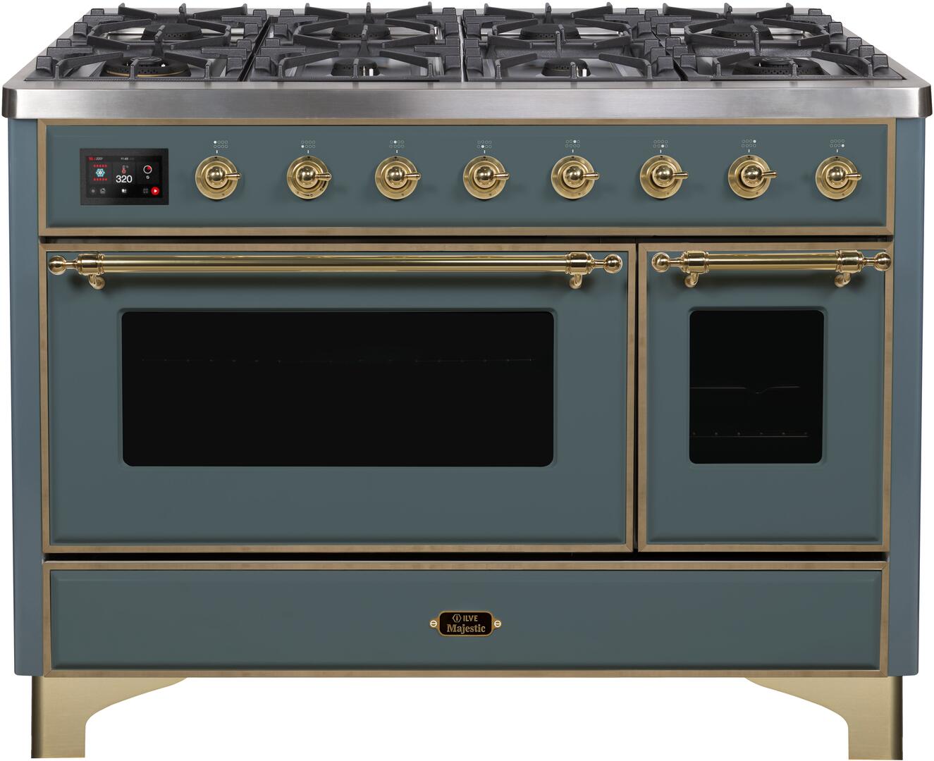 Ilve UM12FDNS3BGGLP Majestic Ii 48 Inch Dual Fuel Liquid Propane Freestanding Range In Blue Grey With Brass Trim