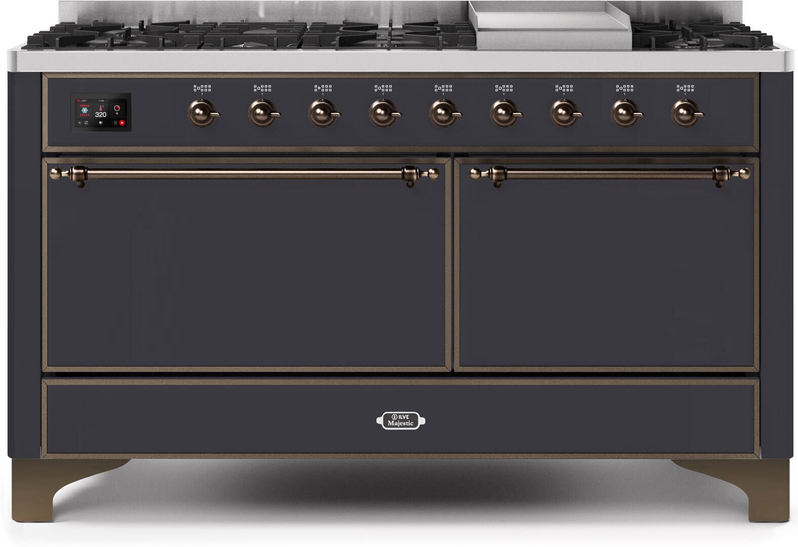 Ilve UM15FDQNS3MGB Majestic Ii 60 Inch Dual Fuel Natural Gas Freestanding Range In Matte Graphite With Bronze Trim