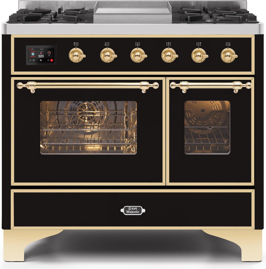 Ilve UMD10FDNS3BKGLP Majestic Ii 40 Inch Dual Fuel Liquid Propane Freestanding Range In Glossy Black With Brass Trim