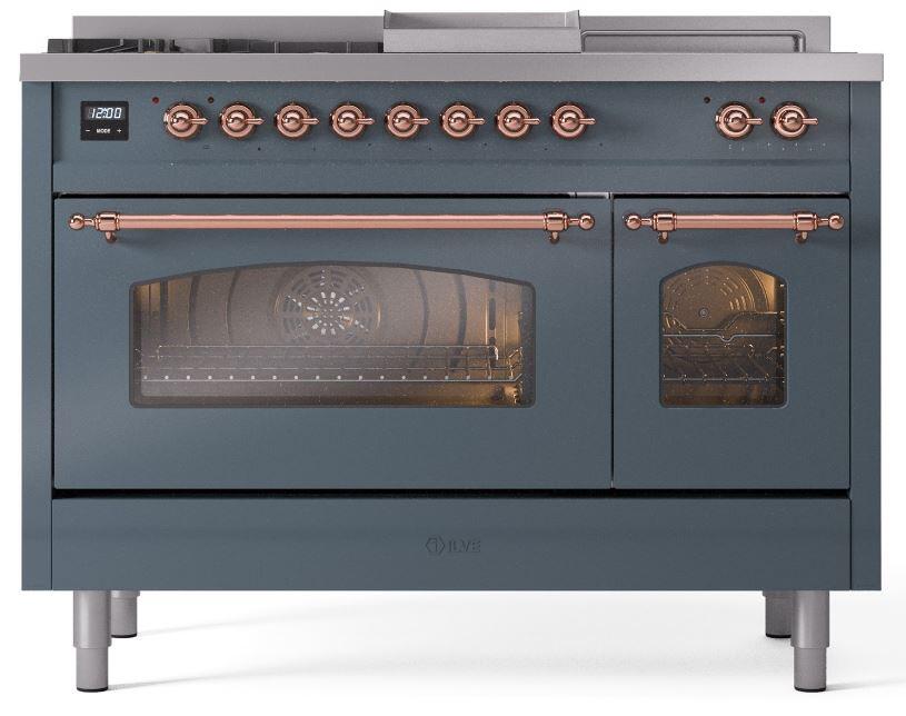 Ilve UP48FSNMPBGP Nostalgie Ii 48 Inch Dual Fuel Natural Gas Freestanding Range In Blue Grey With Copper Trim